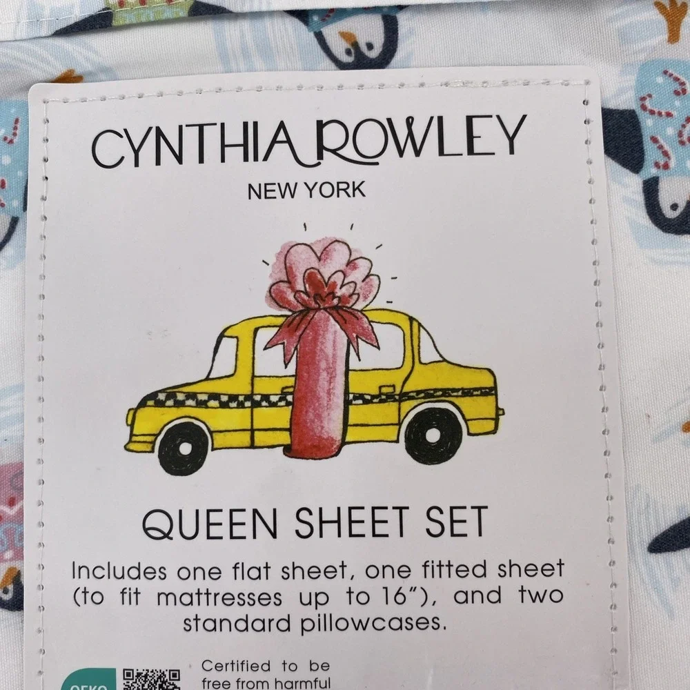 Cynthia Rowley Sheet Set QUEEN White Penguins Christmas Sweater Whimsical Soft
